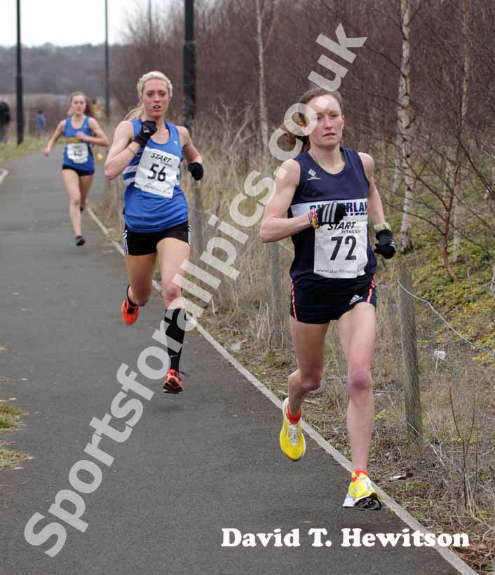 Fastest leg of the day Alyson Dixon (Sunderland Strollers) leads from Ashley Gibson and Lydia Turner during the senior womens Elswick Road Relays.